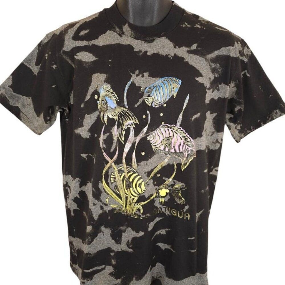 Vintage Antigua T Shirt Mens Size Medium Black 80s Tropical Fish Tie Dye USA